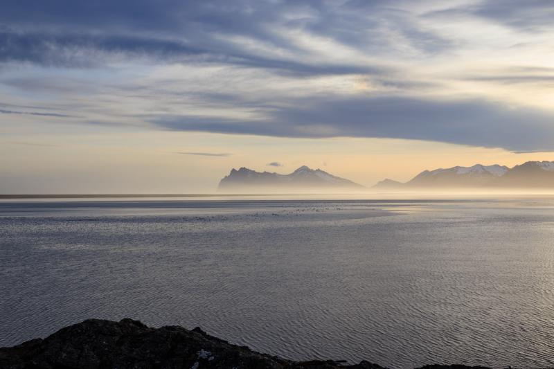 Sunset over calm coastal water, with silhouetted mountain peaks on the horizon and birds resting on the surface