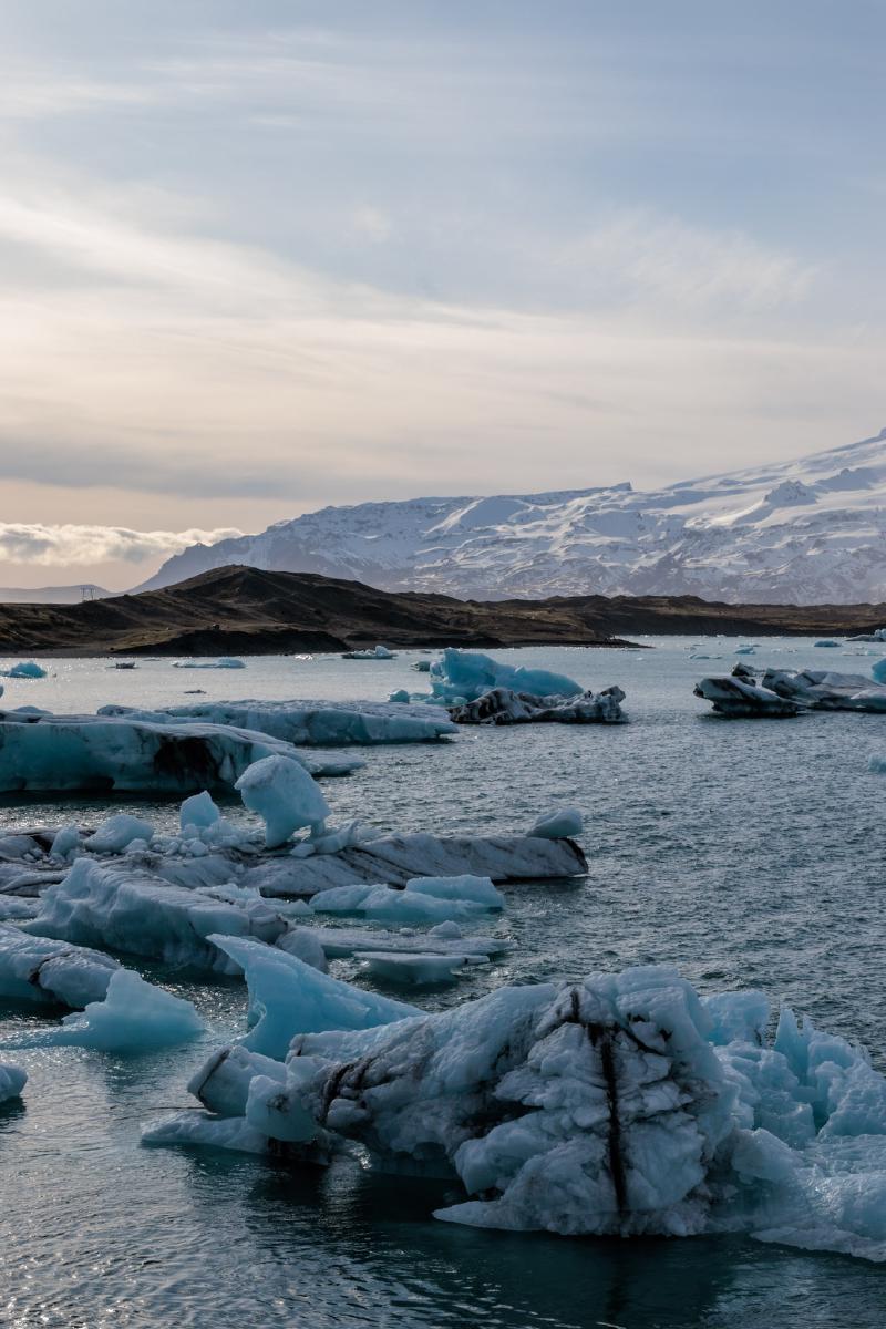 Icebergs floating in a glacial lagoon at dusk, with snow-capped mountains in the background